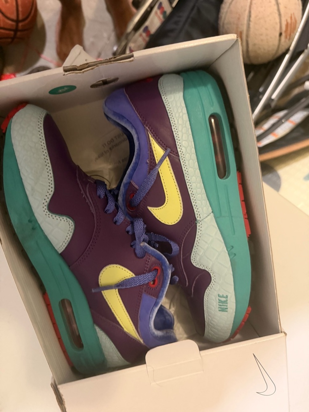 Nike Air Max 1 NBY Colorblock Sneakers - Purple & Teal with Yellow Swoosh